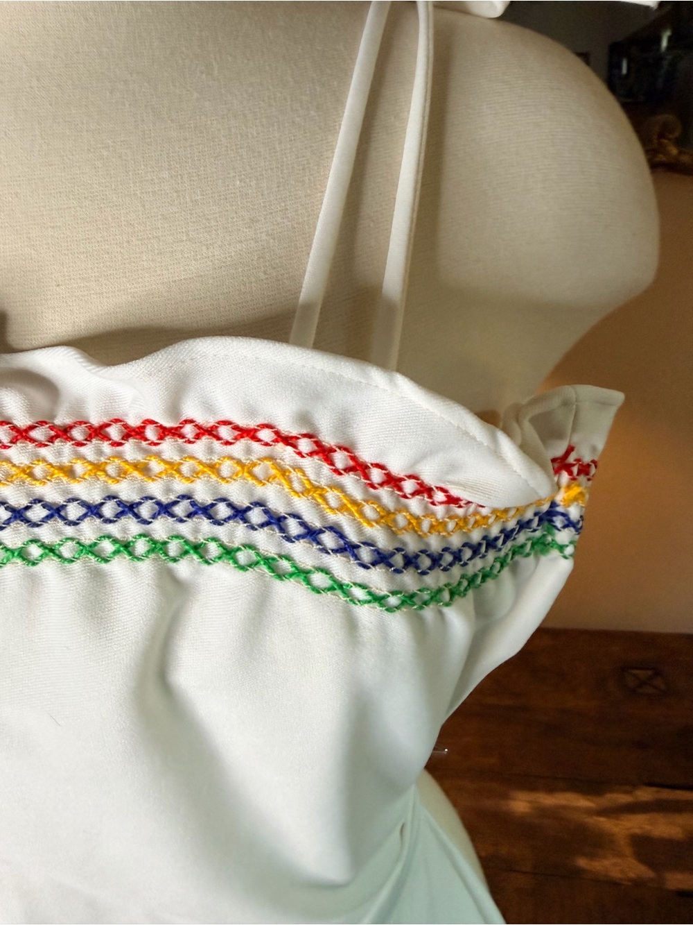 VINTAGE 70s! White Knit Jersey Jumpsuit with Smocked Rainbow Trim, drawstring - Picture 6 of 16